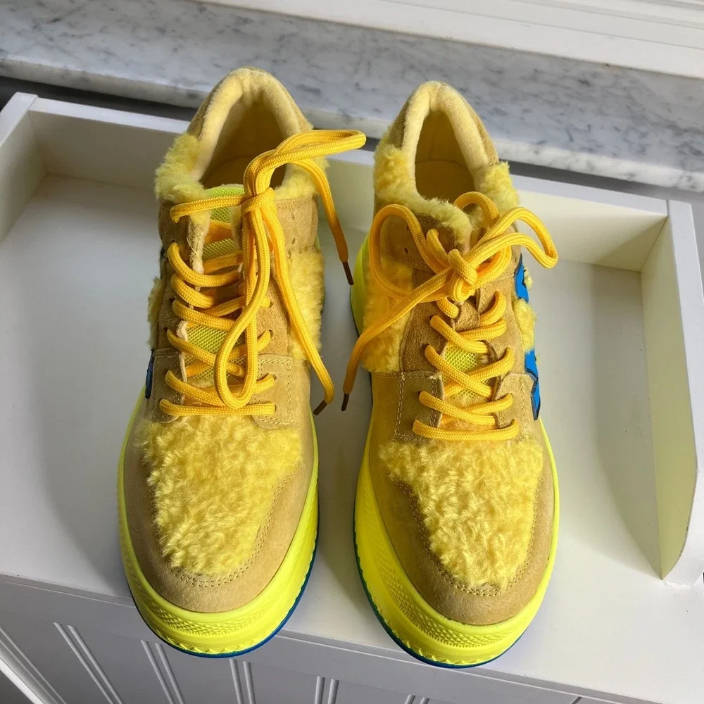 AW Quince 01 Yellow‎ Suede Fur Platform Wedge Sneakers Women's Size 8